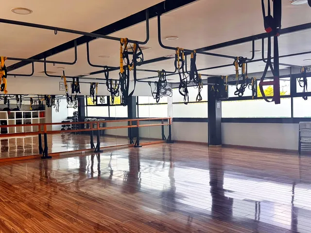 Salón de clases con TRX y barra de ballet